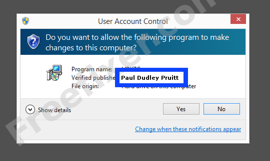Screenshot where Paul Dudley Pruitt appears as the verified publisher in the UAC dialog